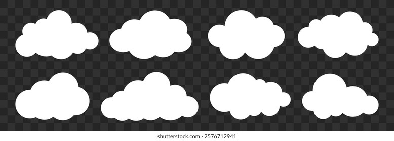Set of eight white cloud icons on a transparent background. Cloud shapes vary, ideal for weather apps, graphics, or designs. Cloud icons for digital use. Weather illustration, vector set.