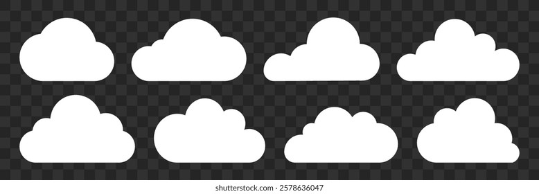 Set of eight white cloud icons on a transparent background. Cloud shapes vary, ideal for weather, sky, or cloud-themed designs. Weather illustration, vector set.