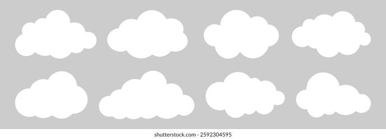 Set of eight white cloud icons on a gray background. Cloud shapes vary in size and form. Perfect for weather apps, cloud graphics, and digital designs. Weather illustration, vector set.