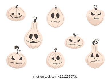 Um conjunto de oito abóboras brancas com bocas costuradas. Elementos de férias de Halloween bonitos e assustadores.