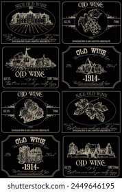 Conjunto de ocho etiquetas de vino en estilo retro. Ilustración altamente realista.