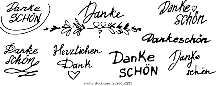 Satz von acht Wörtern "Danke" auf Deutsch, doodle, handgezeichnet, mit Tintenstruktur, einzelne Vektorgrafik.