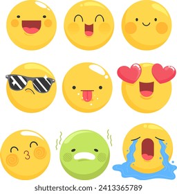 Set of eight yellow emoji faces showing different emotions like happiness, love, cool, sick, and crying. Emoticon collection for mood expression vector illustration.