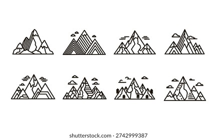 Set of eightdif ferent mountainrange line art illustrations
