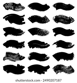 Set eighteen black brushstrokes waves scratches