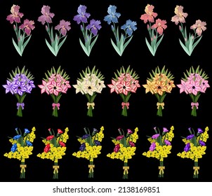 Set of eighteen bouquet of lily,  iris mimosa carnation flowers with colorful bows on black background. Vector illustration.