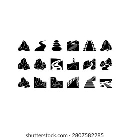 A set of eighteen flat vector icons depicting various natural elements including mountains, rivers, pathways, bridges, lighthouses, and rock formations.