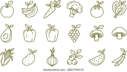 Set of eighteen hand-drawn vegetable and fruit icons