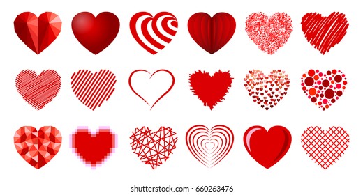Set of eighteen hearts - stock vector
