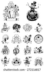 Set of eighteen illustration for St. Patrick's Day. Black and white.