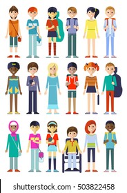 Set of eighteen isolated full length kid characters in cartoon style images on blank background flat vector illustration