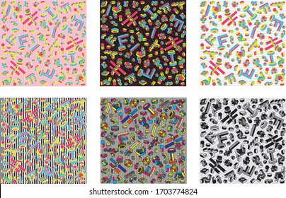 Set of eighties style seamless geometric pattern backgrounds