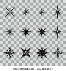 Set of eight-pointed grunge stars - black shapes on a transparent background. Hand drawn vector elements with scratches and scuff marks for design. Universal symbols and elements.