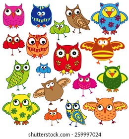 Set of eighty colourful vector owls isolated on white background