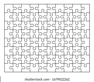 The set of eighty pieces of the puzzle. Puzzle with different types of details and the ability to move each part. Black and white vector illustration