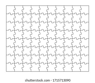 The set of eighty pieces of the puzzle. Puzzle with different types of details and the ability to move each part. Black and white vector illustration.