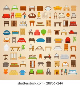 Set of eighty six illustrations furniture for home in different style on a beige background.