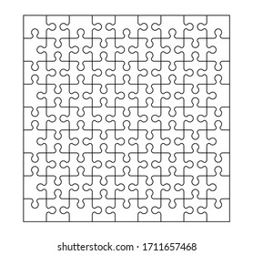 A set of eighty-one puzzle pieces. A puzzle with different types of parts and the ability to move each part. Black and white stock vector illustration.