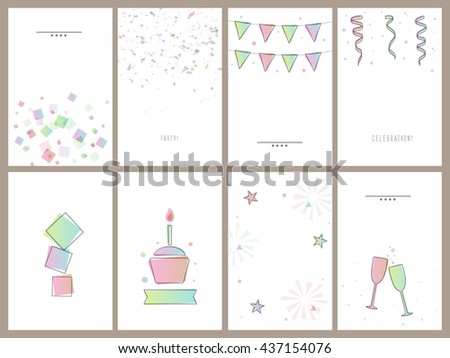 Set of eigth beautiful Cards, Invitations, Flyers, Banners, Pamphlets for Party, Anniversary, Birthday, Wedding or Other Occasion Celebration.