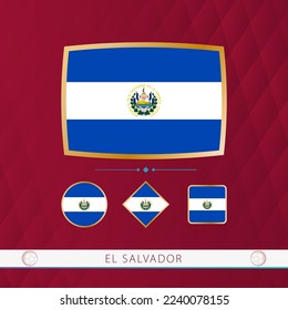 Set of El Salvador flags with gold frame for use at sporting events on a burgundy abstract background. Vector collection of flags.