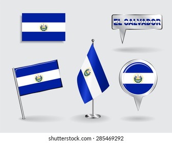 Set of El Salvador pin, icon and map pointer flags. Vector illustration.