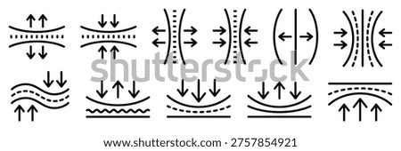 Set elasticity line icon, logo, badge, symbol, sign, sticker, label, symbol, black, flat vector, isolated illustration. Compress, pressure, compact, high stretch and elastic material, ultra thin icon. Foto d'archivio © 