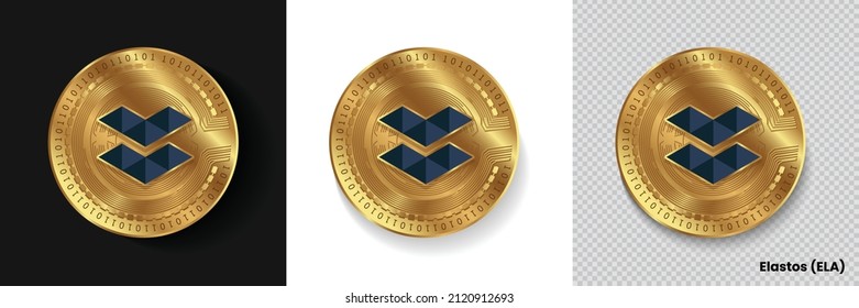 Set of Elastos ELA crypto currency logo symbol vector isolated on white, dark and transparent background. Can be used as golden coin sticker, icon, label, badge, print design and emblem