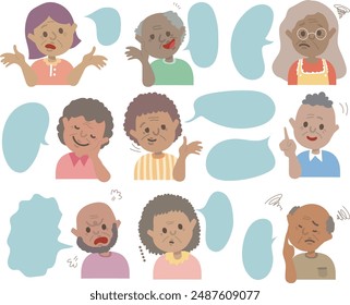Set of elder black African characters with chat box. Vector old senior people profile for social media with dialog bubble.People avatar collection.Hand draw style people message cloud.