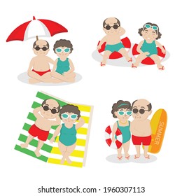 Set of elder couple on their summer vacation.