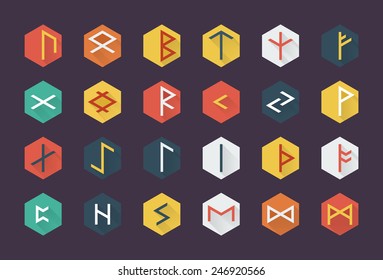 Set of Elder Futhark (Old Norse/Scandinavian runes) in trend flat style . 24 germanic letters. Vector illustration.