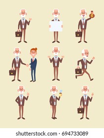 Set of elderly business man in different poses. Vector cartoon character in a flat style for your projects.
