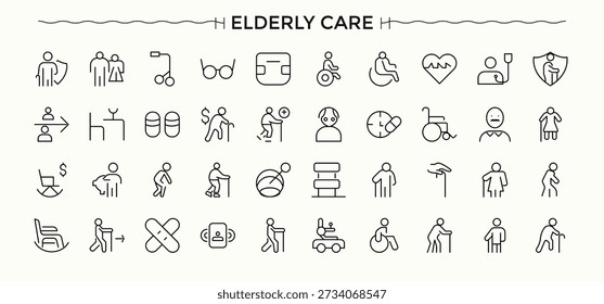 Set of Elderly Care line icon. Included nursing, old, retirement, care, generation, senior and more. Nursing line icon set. Art and illustration.