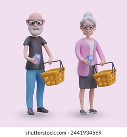 Set of elderly characters with empty shopping baskets. Grandparents buy groceries