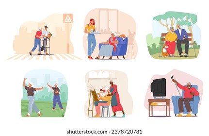 Set Elderly Characters Engage Outdoors Sport, Crossing the Road, Visit Artist Workshop, Watching Movies, Sitting on bench in Park, Volunteer Care of Senior at Home. Cartoon People Vector Illustration