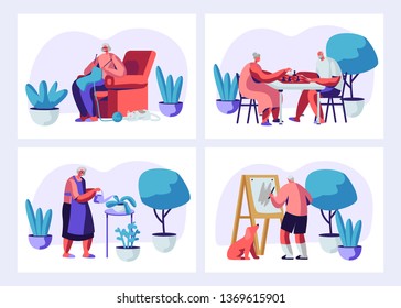 Set of Elderly Characters Having Hobby and Leisure Fun. Male and Female Senior People Spending Time in Nursing Home Listening Music, Painting, Playing Chess, Knitting. Cartoon Flat Vector Illustration