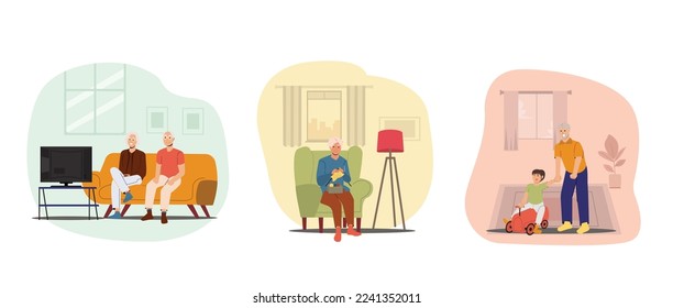 Set of Elderly Characters Leisure or Active Hobby at home. Elderly watching drama on television. Old women knitting clothes, Old men playing with grandson. 