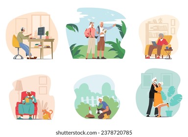 Set of Elderly Characters Work on Pc, Travel, Use Gadgets, Knit, Dance and Gardening . Senior Men and Women Active Lifestyle, Grandparents Everyday Activities. Cartoon People Vector Illustration