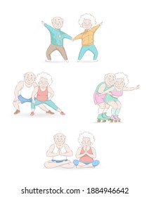 Set elderly couple doing exercises. Old man and old woman is engaged in sports. Morning exercises. Cartoon vector illustration.