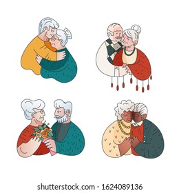 Set of elderly couples in cartoon flat style - isolated. Seniors in love. Multiracial old people kiss, hug, date, give flowers