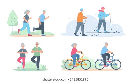 Conjunto de parejas de ancianos haciendo deporte fuera. Personas mayores corriendo, haciendo yoga, esquiando y montando en bicicleta. Concepto activo de estilo de vida saludable. Ilustración vectorial aislada sobre fondo blanco.