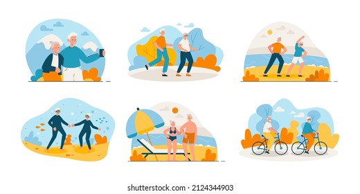 Set of elderly couples. Happy aged men and women on  vacation. Active retirement and healthy lifestyle concept. Modern flat vector illustration