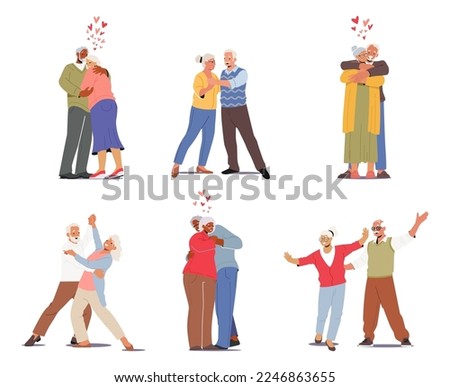 Set Elderly Couples in Love. Senior People Romantic Loving Relations. Happy Old Men and Women Dance, Embracing, Holding Hands. Old Man Woman Characters Dating, Love. Cartoon Vector Illustration