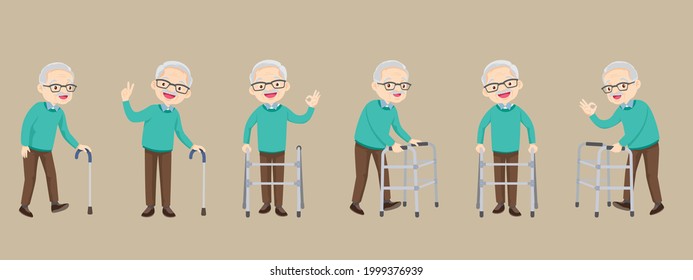 Set of elderly disabled people and medical walker support ,Old grandparents in retirement. Modern elderly pensioners paddle walker and cane, walking stick.