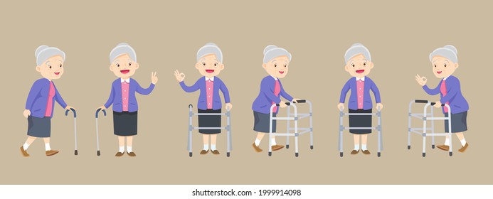 Set of elderly disabled people and medical walker support ,Old grandparents in retirement. Modern elderly pensioners paddle walker and cane, walking stick.