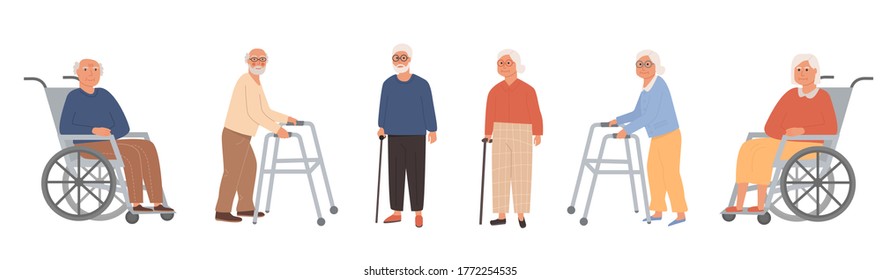 Set of elderly disabled people at nursing home. Old grandparents in retirement. Modern male and female pensioners on wheelchair, paddle walker and cane, walking stick. Vector character illustration.