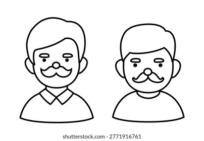 Set of elderly father face coloring page template.
Bearded old man head looking outwards outline vector.
Middle-aged man black lines.
