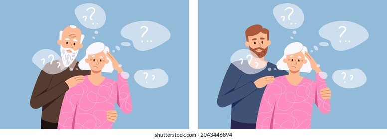 Set with elderly female characters with dementia needs help on blue background. Concept of mature couple supporting each other in the fight with amnesia. Memory loss. Flat cartoon vector illustration