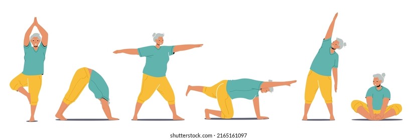 Juego de Personajes Femeninos Mayores Practican Meditación Yoga, Asana y Stretching. Equilibrio emocional de la anciana, armonía. Estilo de vida saludable, meditando en Lotus Pose. Ilustración de vectores de personas de caricatura