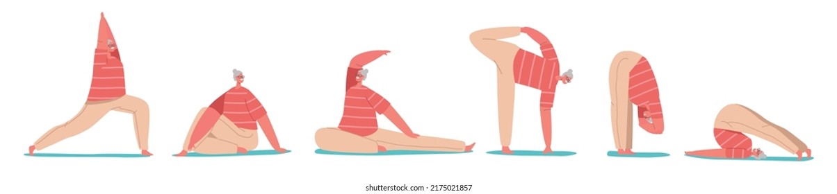 Juego de personajes femeninos de edad avanzada Yoga o Pilates Poses. La anciana practica la meditación de Asana y el Stretching. Equilibrio emocional, armonía, estilo de vida saludable de las mujeres de edad. Ilustración de vectores de personas de caricatura