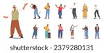 Set of Elderly Male Characters Rock Musician with Microphone, Old Man Thinking, Dancing, Travel with Luggage and Map, Feel Pain, Use Gadgets and Walking Cane. Cartoon People Vector Illustration